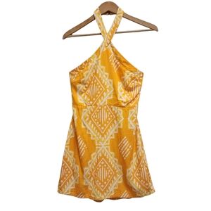 Rewind Halter Dress Womens L Orange Yellow Linen Blend Mini Smocked Beach Boho